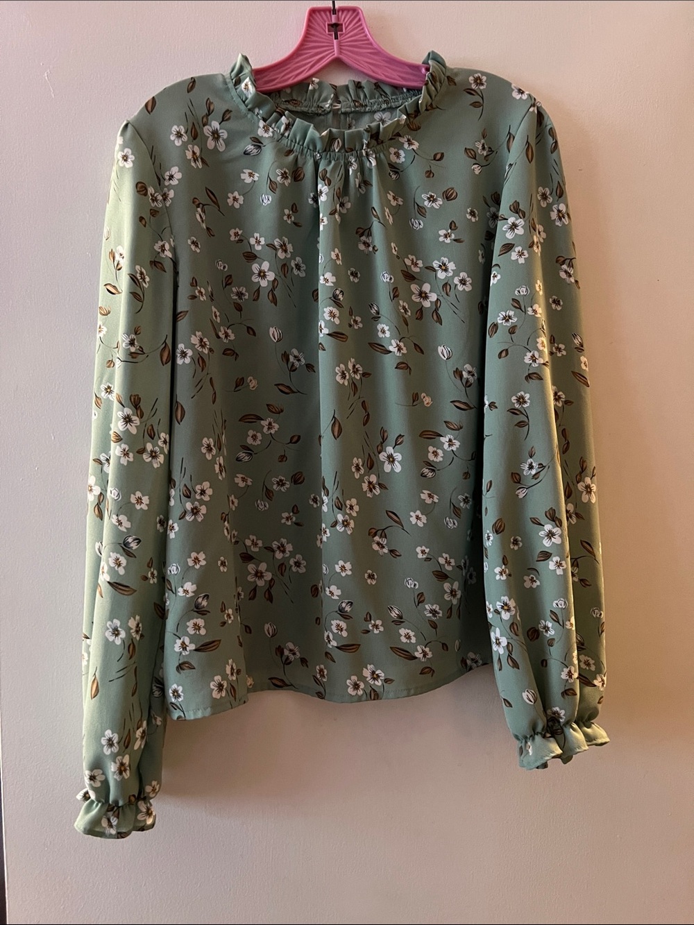 Floral Ruffle Neck Long-Sleeve Top - Sage Green